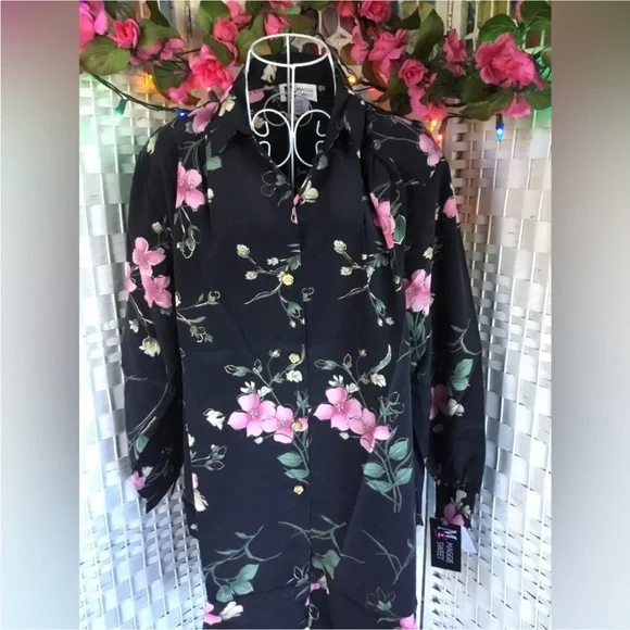 Vtg Maggie Sweet Black & Pink Floral Long Sleeve Blouse Vintage Button d… - Picture 5 of 9